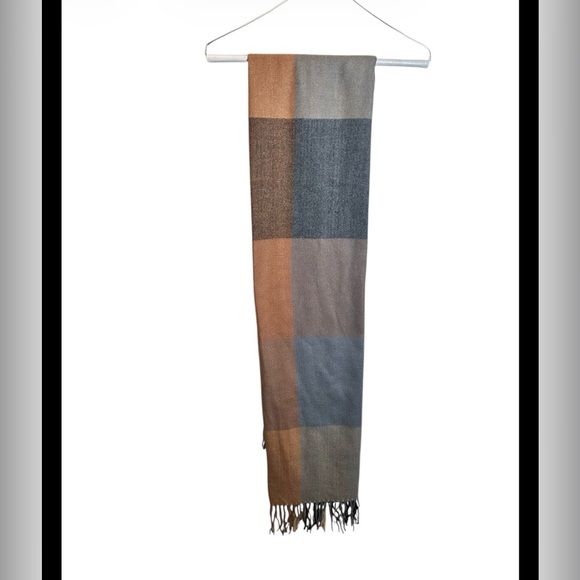 Accessories - Soft Brown Blue Plaid Scarf with Fringe Ends One Size